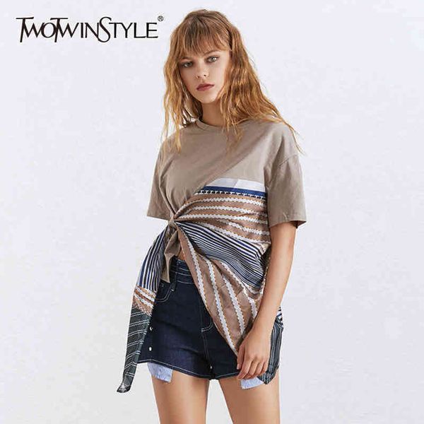 

twowinsyle casual patchwork print shirt for women o neck short sleeve irregular hem shirts female fashion summer 210423, White