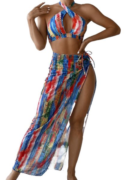 

allover print halter high cut bikini swimsuit with beach skirt j9vm#, White;black