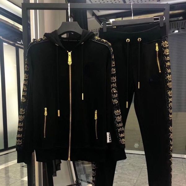 

men's sweater fashion men's letter qp bronzing trend hooded cardigan pants 2-piece sports suit men, Gray