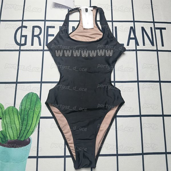 

backless womens swimsuit one piece padded swimwear tide letters rhinestone bathing suit, Black