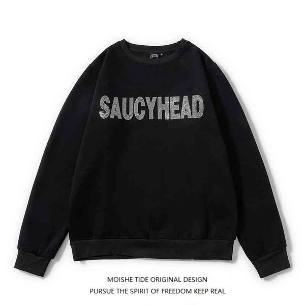

moishe tide brand high street letter diamond round neck plush sweater for men and women loose hip-hop couple, Black