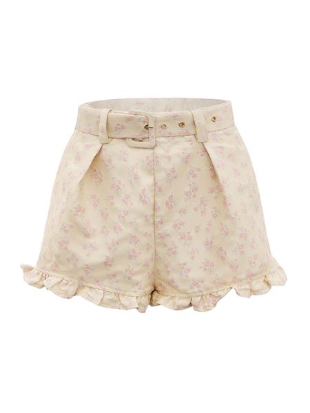 

mod buckle belted ruffle hem jacquard shorts q1is#, White;black