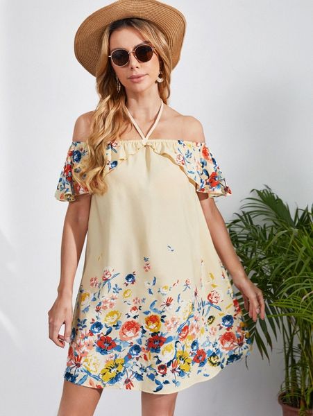 

floral print tie back ruffle trim dress u0nr#, Black;gray