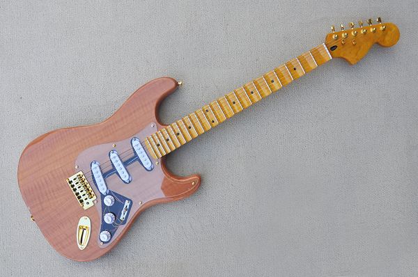 

factory custom natural wood color electric guitar with gold hardware,yellow maple scalloped fretboard,transparen pickguard,can be customized