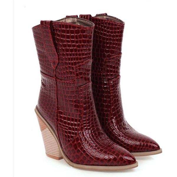 

plus size 33 to 44 45 46 with box burgundy cowboy boots woman designer booties embossed pu leather chunky heels270i, Black