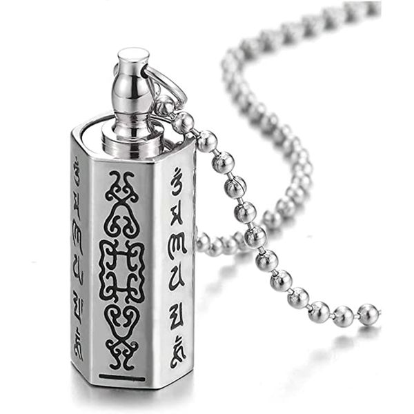

stainless steel hexagon pendant necklace cremation urn pill box memorial hold ashes stash locket tibetan jewelry for men women, Silver