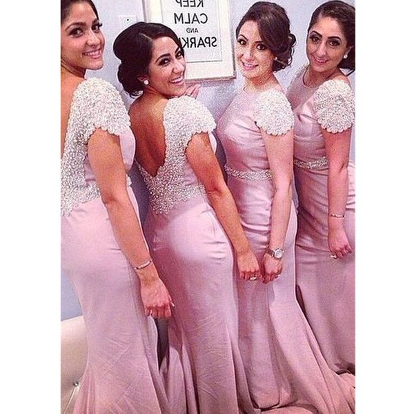 

pink mermaid cap sleeves bridesmaid dresses 2022 beaded zipper long maid of honor prom evening gowns wedding guest dress, White;pink
