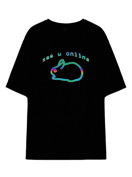 

x usagi proxy reflective slogan & animal print drop shoulder tee 84ai#, White