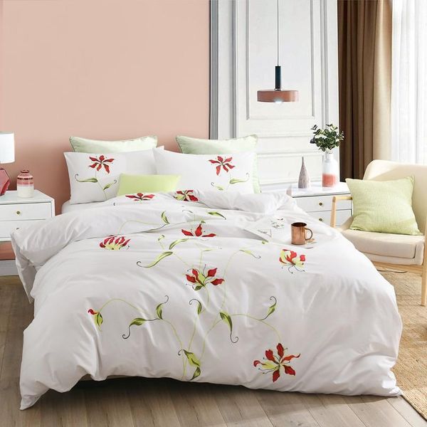 Bedding conjuntos de cama bordados 100% algodão duplos travesseiros brancos 200 230 cm de roupa de cama de três peças