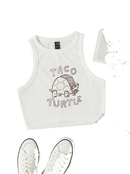 

x carolee karpell cartoon & letter graphic rib knit tank u7z7#, White