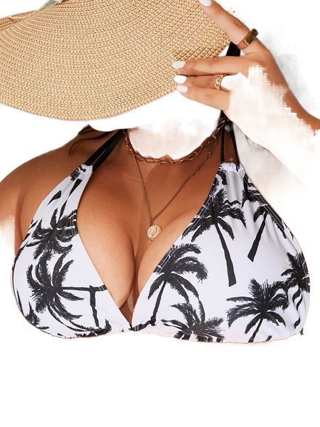

plus palm tree print halter triangle bikini x5co#, Black