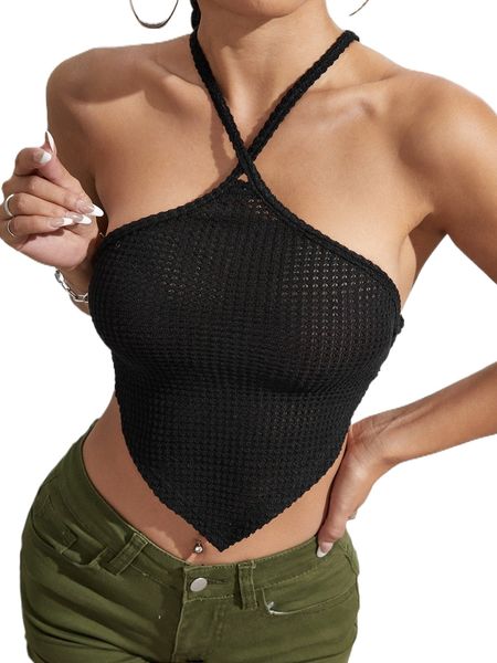 

criss cross lace up backless crop halter 12xm#, White