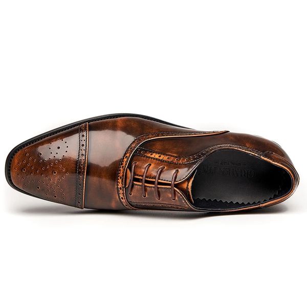 

2022 vintage mens patent leather cap toe brown lace up shoes for office, Black