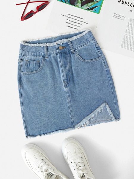 

raw cut asymmetrical hem denim skirt 88j2#, Black