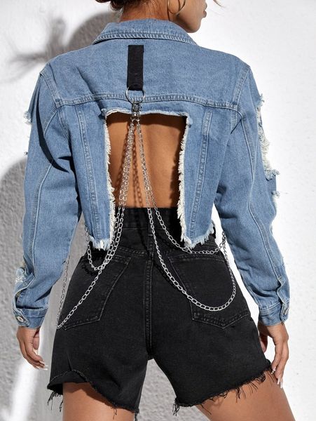 

open back raw trim ripped denim jacket with chain c1rv#, Black;brown