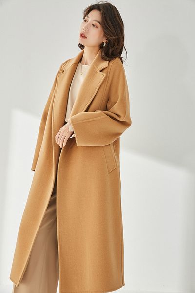 camelo urso de pelúcia 101801 casaco de lã de face dupla cashmere woolen xlong casacos mulheres lapela cinto de pescoço