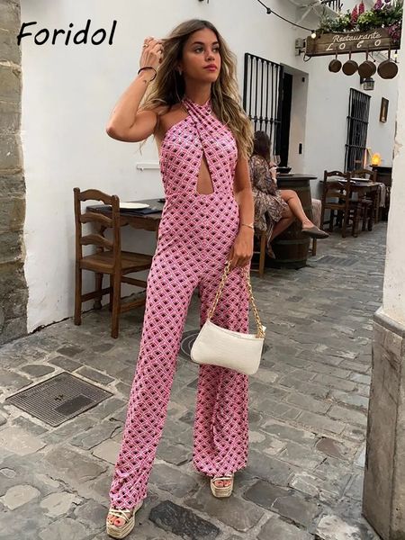 

foridol geometric print summer autumn backless jumpsuit sleeveless halter wide leg pink pants overalls front cut retro jumpsuit 220412, Black;white