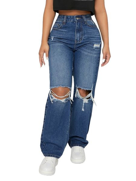 

petite ripped frayed cut out straight leg jeans q8v0#, Blue