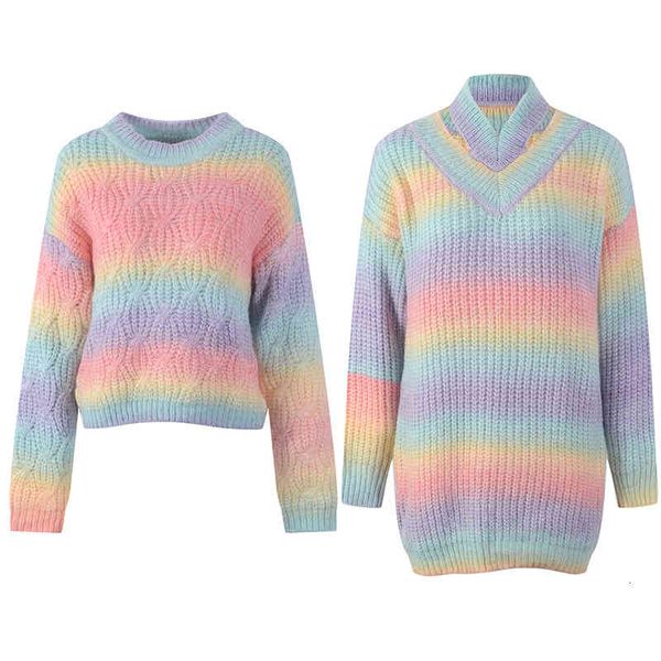 

women's knits tees rainbow striped sweater women's loose pullover hanging neck rainbow sweater medium length autumn winter ab, White