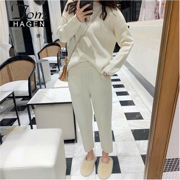

tom hagen autumn women suit warm cashmere sport suit sweater two piece knitted set casual tracksuit elegant jogger set sweatsuit lj200814, White