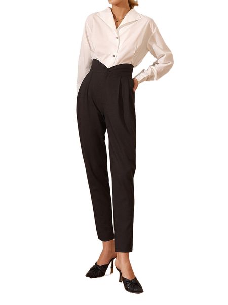 

asymmetrical waist slant pockets pants n6yg#, Black;white