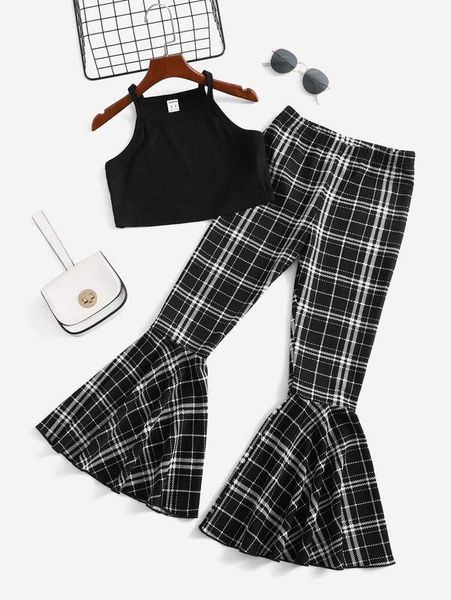 

girls solid crop cami & plaid flare leg pants set she, White