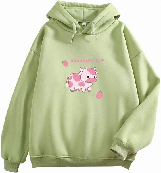 

sweatshirts for women cute strawberry cow print hoodie casual fuzzy s41j#, Black