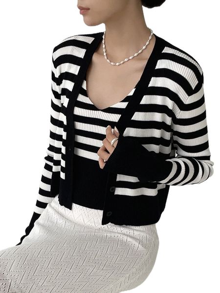 

dazy stripe pattern cardigan & crop tank knit x07f#, White;black