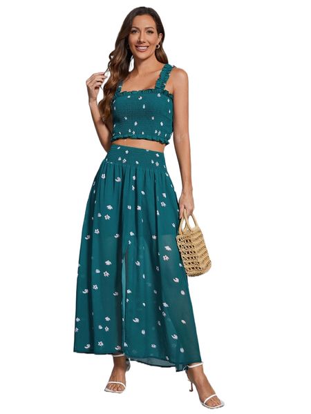 

x vickie frill trim shirred floral & split thigh semi sheer skirt set 3126#, White