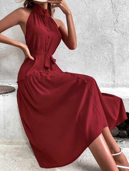 

high neck button front ruffle hem belted dress s9pu#, Black;gray