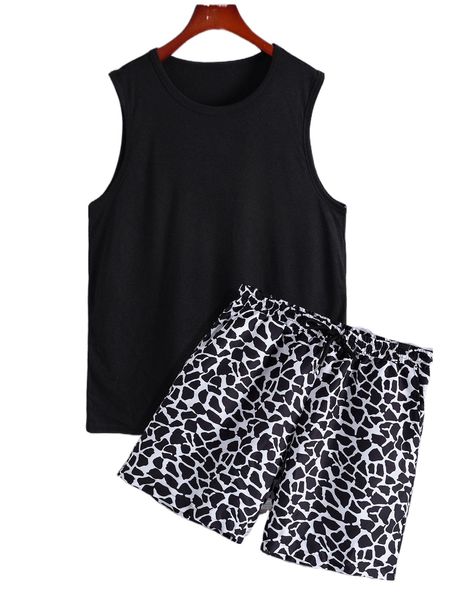 

men solid tank & allover print drawstring waist shorts t5fh#, Gray