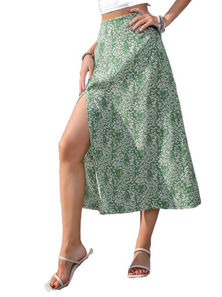 

ditsy floral print split thigh skirt 56ph#, Black