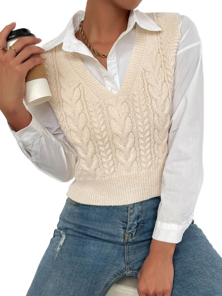 

solid cable knit sweater vest without blouse h1yb#, White;black