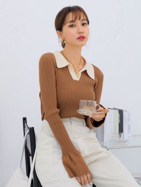 

dazy contrast collar flounce sleeve sweater i5io#, White;black