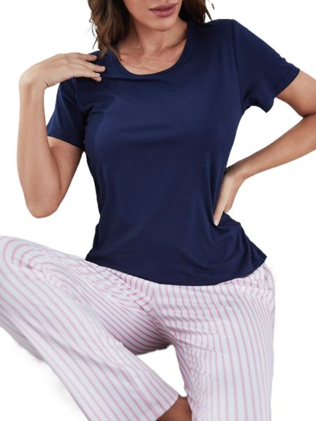 

solid and knot waist striped pants pj set d0vo#, Black;red