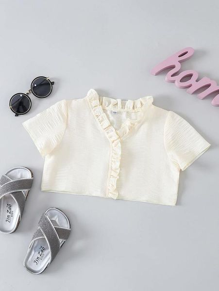 

toddler girls frill trim v-neck crop blouse she, White;black