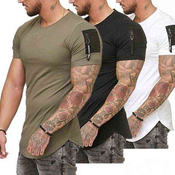 

men's t-shirts short sleeve zipper shoulder streetwear hip hop summer t shirt men longline curved hem tshirt slim funny t-shirt plus si, White;black