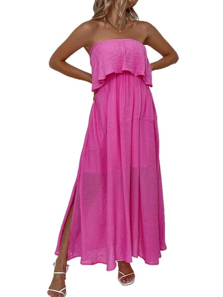 

ruffle trim split side dress l2iw#, Black;gray