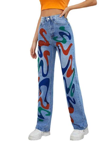

selling printed jeans women's straight pants fashion brand, Blue