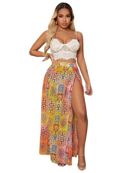 

sxy allover print split thigh skirt a7cg#, Black