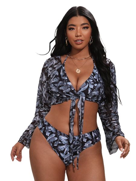

plus 3pack tropical print halter bikini swimsuit m2oe#, White;black