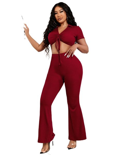 

sxy drawstring front crop tee & flare leg pants e9wo#, White