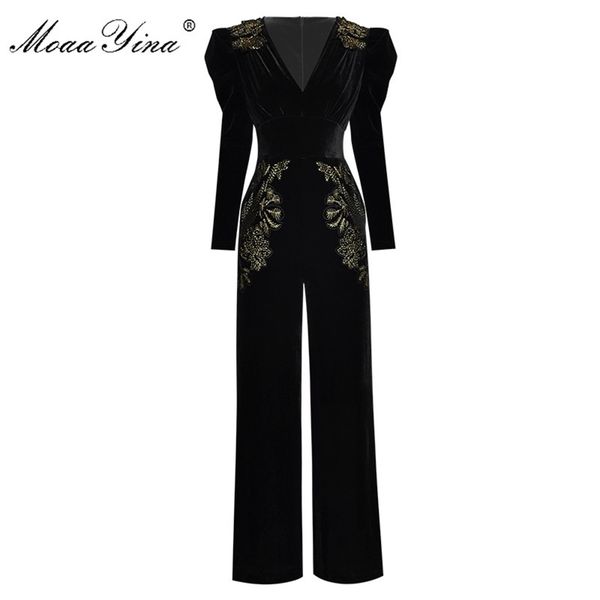 

moaayina spring summer designer jumpsuits women's v-neck long sleeve gold line embroidery velvet jumpsuits 210326, Black;white
