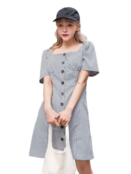 

dazy gingham puff sleeve single breasted dress k7gy#, Black;gray