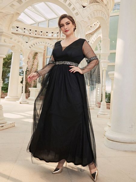 

plus contrast sequins dobby mesh overlay flounce sleeve prom dress i6oz#, Black