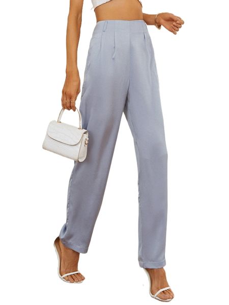 

plicated detail satin straight leg pants l99p#, Black;white