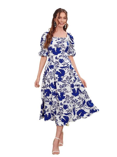

floral print puff sleeve dress m6jw#, Black;gray