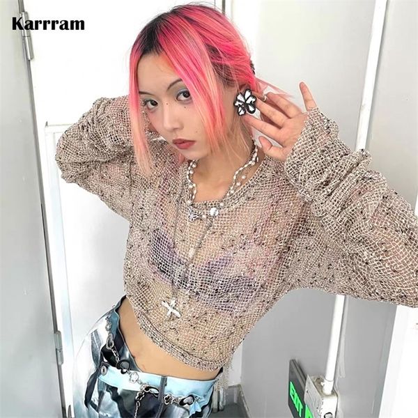 

karrram see through mesh women translucent hollow out t-shirts long sleeve oversized irregular bandage y2k clothes 220516, White