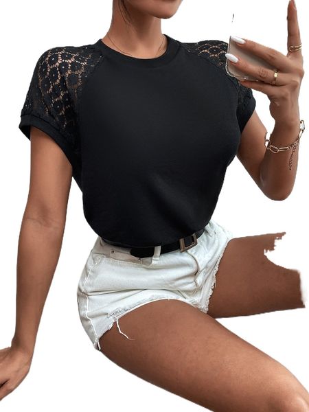 

contrast lace raglan sleeve tee j5kr#, White