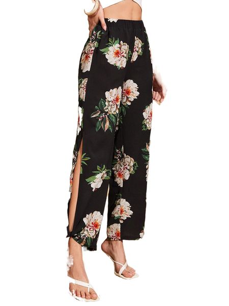 

floral print split twist hem pants b1oa#, Black;white